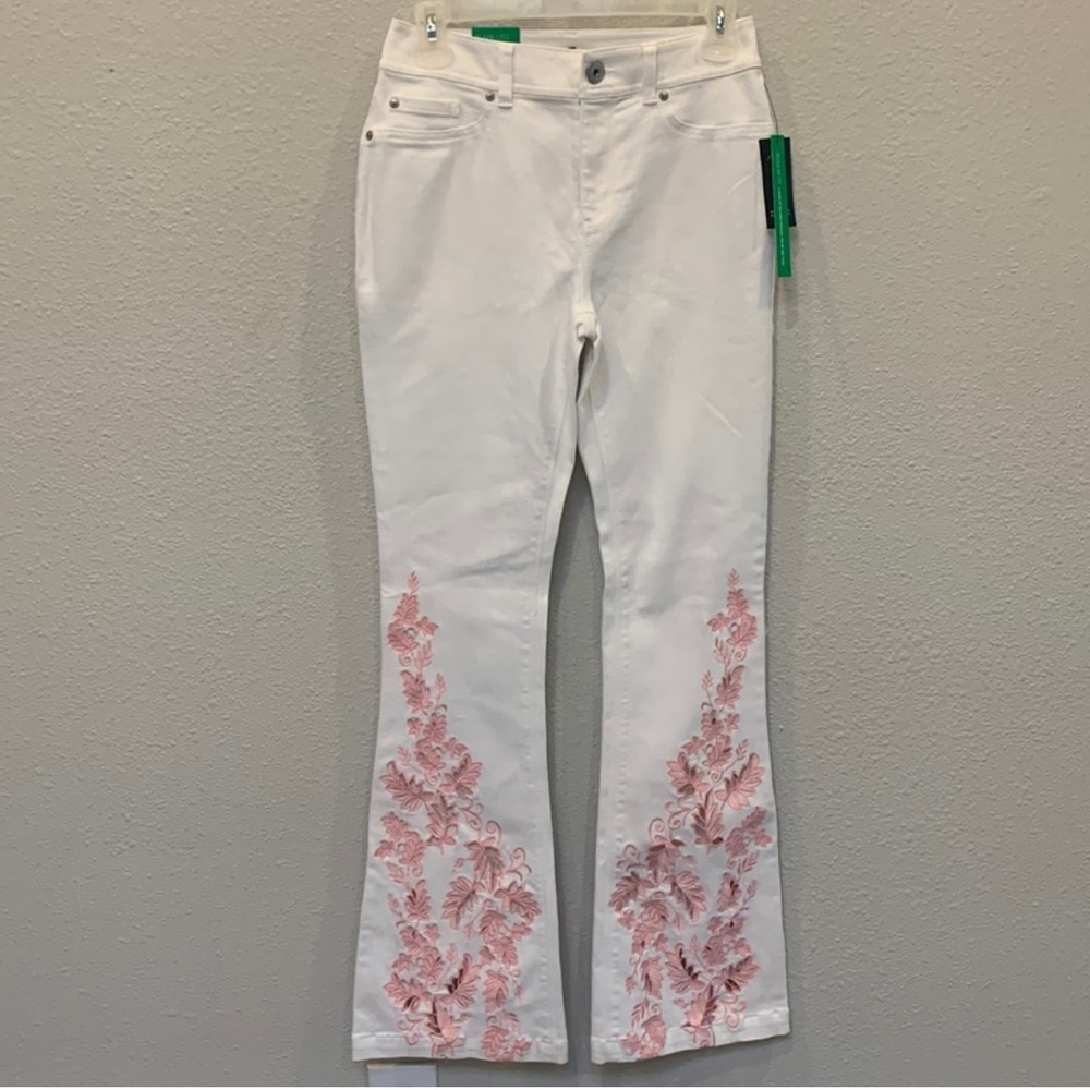 Barbiecore embroidered flare jeans